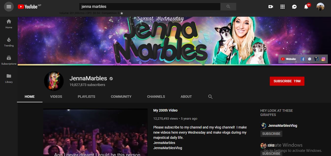 A picture of YouTube channel of Jenna Marbles.